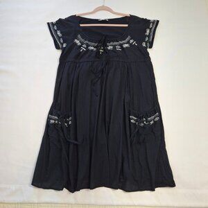 Womens Sz L Embroidered Peasant Dress Blue Batiste Cotton Lined Empire Gathered